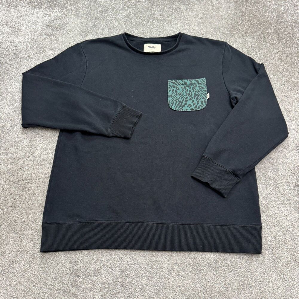 Vans Crew Neck Pullover Sweatshirt Men XL Black Pocket Animal Print Casual Skate